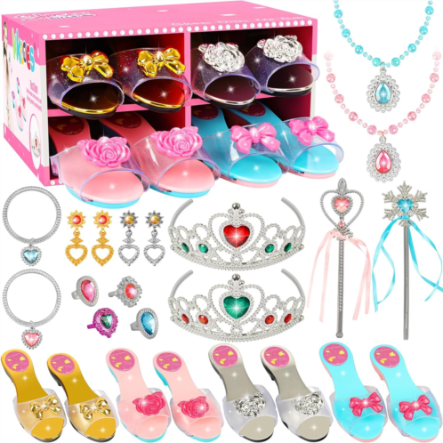 KKONES Princess Jewelry Boutique Dress Up & Elegant Shoe(4 Pairs of Girls Heels Shoes),Role Play Fashion Accessories of Crowns, Necklaces, Bracelets, Rings,Girls Beauty Gift Toys for Age