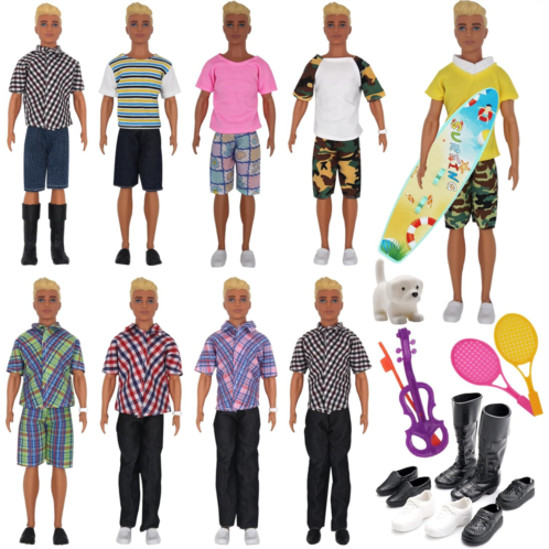 EuTengHao 25Pcs Doll Clothes and Accessories for 12 Inch Boy Dolls Includes 16 Different Wear Clothes Shirt Jeans Pants Shoes for 12 Boyfriend Doll with Dog,2 Tennis Racket,Violin