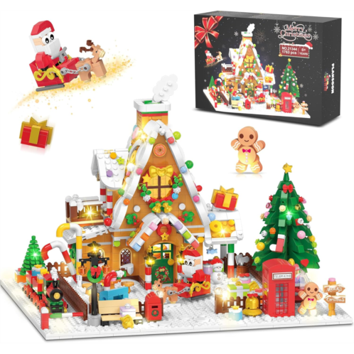 PLAXSOON Christmas Gingerbread House Mini Building Set with LED Light, 1763 PCS Christmas Courtyard Building Block Toy with Santa Claus Xmas Tree Train Home Decor, Gift for Adult Kids Girls