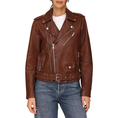 Womens Avec Les Filles Genuine Leather Relaxed Biker Jacket