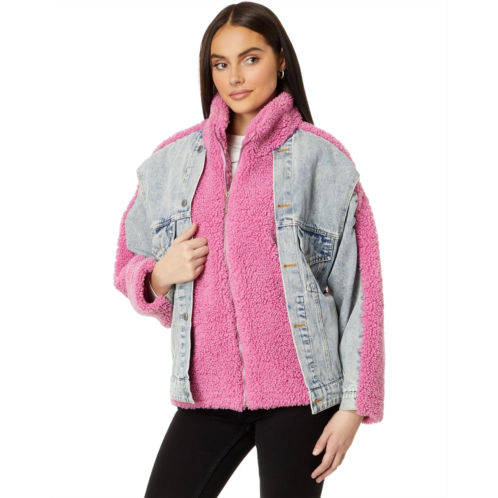 Blank NYC Pink Sherpa and Denim Trucker Jacket in Candy Land