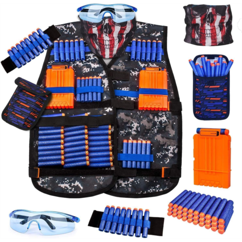 KKONES Kids Tactical Vest Kit for Nerf Guns Series with Refill Darts,Dart Pouch, Reload Clips, Tactical Mask, Wrist Band and Protective Glasses, Toys for 8 9 10 11 12 Year Boys