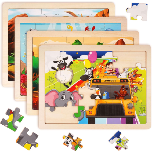 AXEARTE Wooden Puzzles for Kids Ages 3-5, 4 Packs 24 PCs Jigsaw Puzzles Montessori Toys, Dinosaur, Zoo, Sea Animals Wood Brain Teasers Boards Educational Toys for Boys and Girls