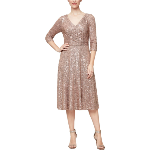 Womens Alex Evenings Midi Length A-Line Dress with Surplice Neckline and 3/4 Sleeves