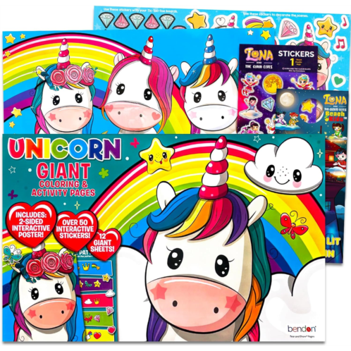 Bendon Giant Unicorn Coloring Book for Girls 4-8 - Bundle with 11x16 Inch Cute Unicorn Coloring and Activity Pad with Stickers, Crayons, Games, Mazes, More