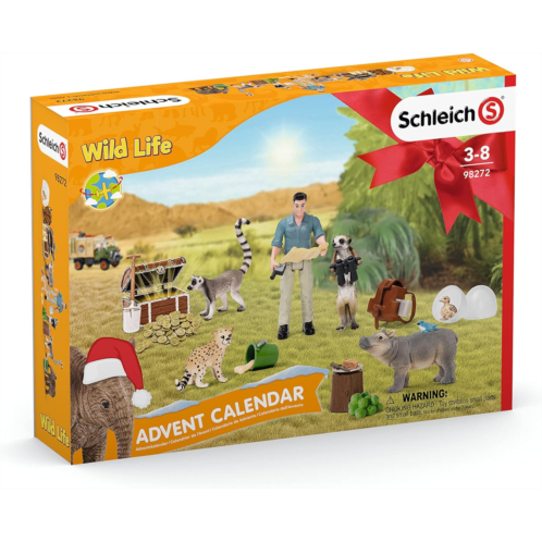 Schleich Wild Life Advent Calendar Surprise Animal Toy Set with Adventure Figurine - Wild Animal Playset with Baby Hippo, Cheetah, Lemur, Elephant, Meerkat, Scientist and More, Gif