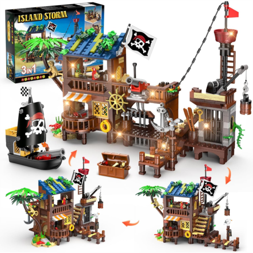 HOGOKIDS Pirate Ship House Building Set with LED Light - 3 Style Modes Pirate Wharf Supply Center Building Block Set, 781PCS STEM Bricks Kit for Kids Girls Boys Ages 6-12+ Birthday