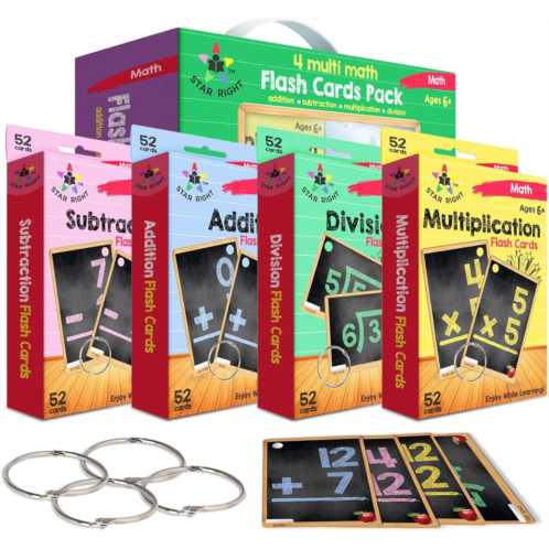 Star Right Math Flash Cards Set of 4 - Addition, Subtraction, Division, & Multiplication Flash Cards - 4 Rings - 208 Math Flash Cards Multiplication and Division, Addition, Subtrac