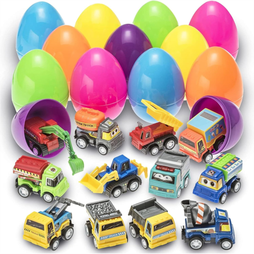 PREXTEX Toy Filled Easter Eggs with Pull-Back Construction & Engineering Vehicles (12 Pack) - Plastic Easter Eggs with Toys Inside, Large Easter Eggs Birthday Party Favors - Easter