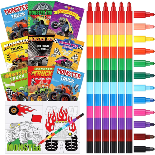 Funrous 24 Pcs Monster Truck Coloring Books for Kids Bulk with 24 Stacking Crayons Birthday Activity Books Truck Themed Coloring Books Classroom Gifts for Kids Birthday Party Supplies Favo