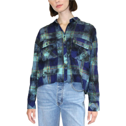 Madden Girl Long Sleeve Plaid Cropped Top w/ Front Pockets & Sequin Patch