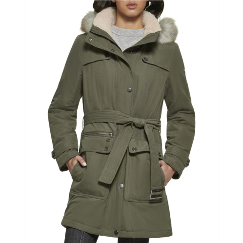 DKNY Faux Fur Hood Belted Anorak