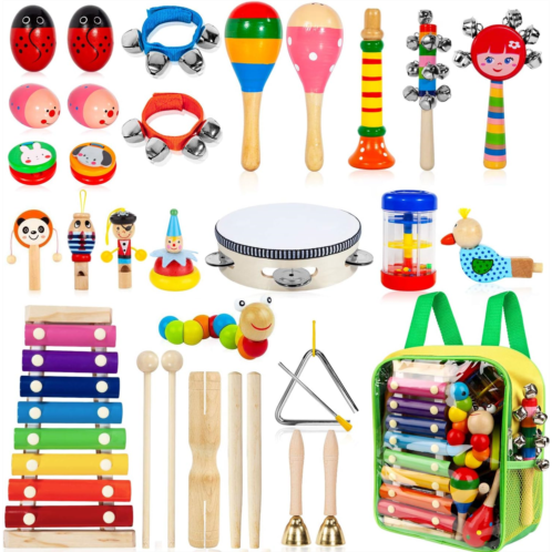 Taimasi Kids Musical Instruments, 33Pcs 18 Types Wooden Percussion Instruments Tambourine Xylophone Toys for Kids Children, Preschool Education Early Learning Musical Toy for Boys and Girl