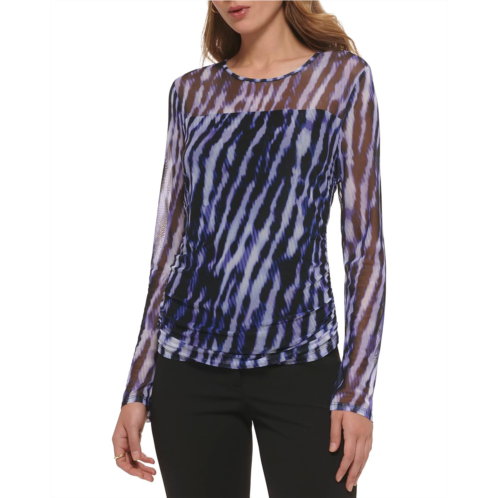 DKNY Long Sleeve Crew Neck Printed Mesh Top