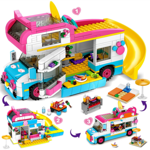 HOGOKIDS 3-in-1 Girls Camper Van Building Set - 494PCS Summer Beach Camping Building Blocks Sets Food Truck Building Toys with Slide and Stickers Gifts for Girls Boys Age 6 7 8 9 1