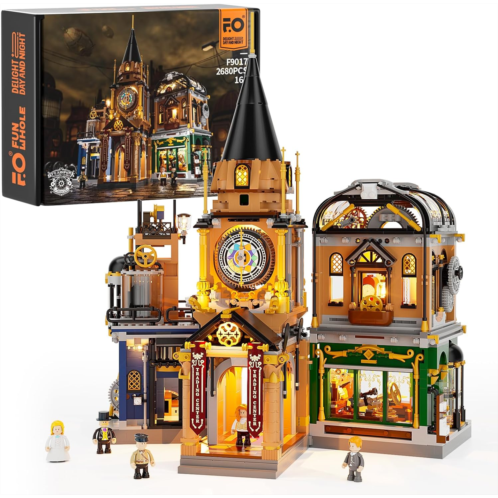 FUNWHOLE Steampunk Trading-Center Lighting Building-Bricks Set - Steampunk World Trading Center LED Light Construction Building Model Set 2680 Pcs for Adults and Teen