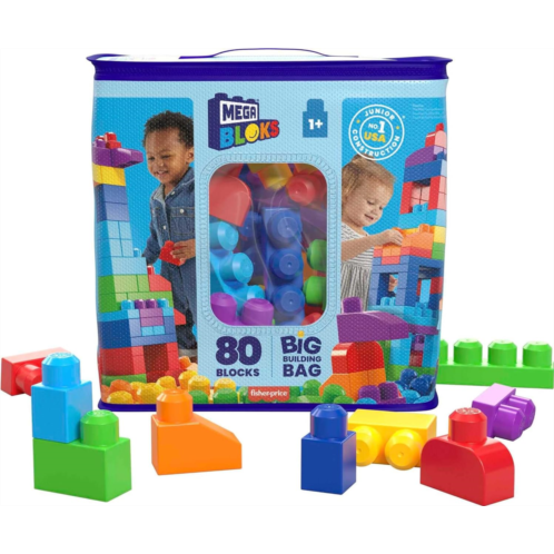 MEGA BLOKS Fisher-Price Toddler Block Toys, Big Building Bag with 80 Pieces and Storage Bag, Blue, Gift Ideas for Kids Age 1+ Years
