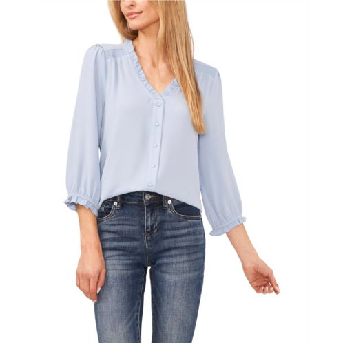 Womens CeCe 3/4 Sleeve Ruffled V-Neck Blouse