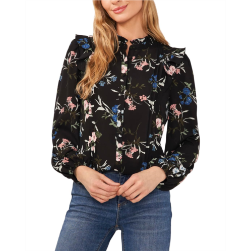 Womens CeCe Floral Button-Up Pin Tuck Long Sleeve Blouse