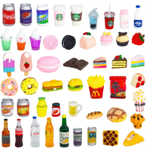 HSJH 50 Pcs Miniature Food Drink Bottles Soda Pop Cans Pretend Play Kitchen Game Party Accessories Toys Hamburg Cake Ice Cream for 1/12 Doll House (25Food+25Drink)