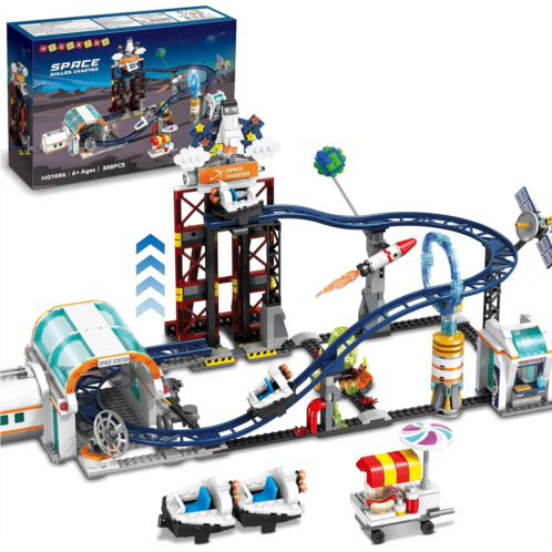 HOGOKIDS Space Roller Coaster Building Toy - 888PCS Coaster Building Set Features Lift Platform, Satellites, Rocket Buildable Space Rollercoaster Adventure Park for Adults Kids Gir