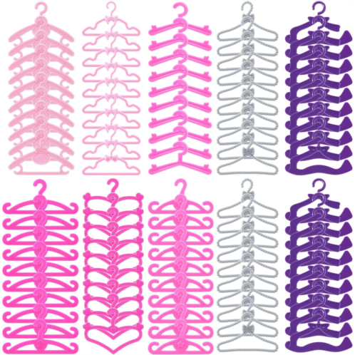 Sumind 100 Pieces Mini Doll Clothes Hangers Toys Pink Gray Purple Plastic Hanging Dress Closet Accessories for 11.5 Inch Doll Clothes Gown Dress Outfit Gown Dress Hangers, 8 Styles Mixed