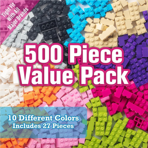 SCS Direct Building Block Bricks- Set of 500 Pc Bulk- 7 Glow in The Dark Colors with 27 Roof Pieces - Compatible and Tight Fit with Major Brands- Great for Activity Table, Creativi