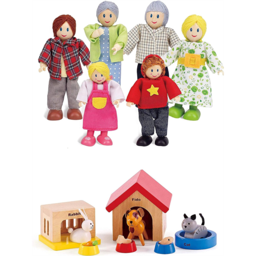 Hape Award Winning Wooden Dollhouse with Pet Set, Unique Accessories for Imaginative Play, 6 Family Figures - Adults 4.3 and Kids 3.5
