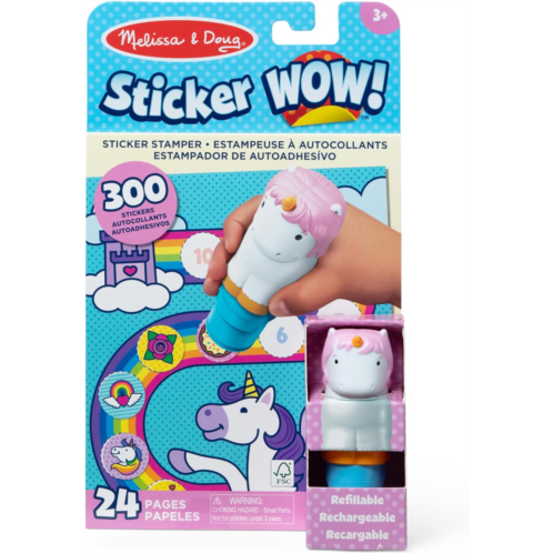 Melissa & Doug Sticker Wow! 24-Page Activity Pad and Sticker Stamper, 300 Stickers, Arts and Crafts Fidget Toy Collectible Character Unicorn Creative Play Travel Toy for Girls a