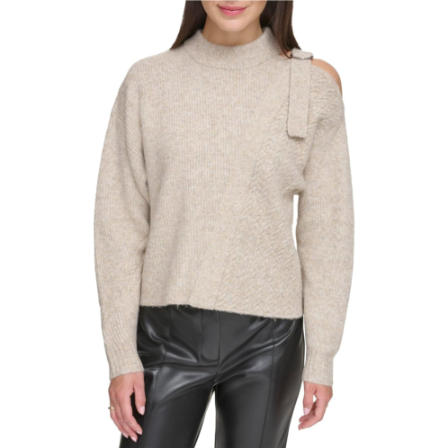 Womens DKNY Long Sleeve Mix Stitch Cold-Shoulder Sweater