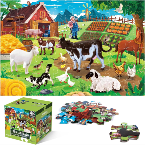 IFLOVE Jumbo Floor Puzzle for Kids,Farm Animals Jigsaw Large Puzzles,48 Piece Barn Puzzle for Toddler Ages 3-5,Children Learning Preschool Educational Toys,Birthday Gift for 4-8 Years Old