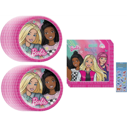Amscan Barbie Birthday Party Supplies Bundle Pack includes 16 Lunch Paper Plates, 16 Lunch Paper Napkins, 1 Dinosaur Sticker Sheet (Bundle for 16)