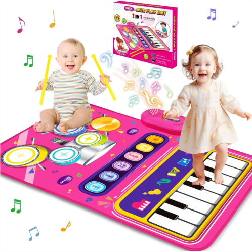 Aitbay Toys for 1 Year Old Girl Gifts: Baby Piano Mat Toddler Toys Age 1-2 - 2 in 1 Piano Drum Babies Music Mat - Infant Musical Toy 12-18 Months Babies Birthday Easter Gifts for 1 2 3 Ye