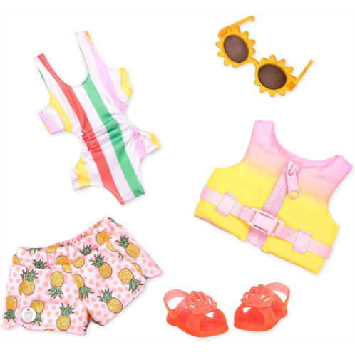 Glitter Girls ? Bright as The Sun! ? 14-inch Deluxe Swimsuit Doll Outfit ? Toys, Clothes, & Accessories for Girls Ages 3 & Up, Brown includes Life Jacket, Swimsuit, Shorts, Sunglas