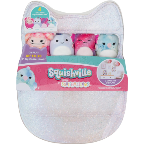Squishville by Original Squishmallows Play and Display Storage - Four 2-Inch Plush Included - Big Foot, Axolotl, Parrot, Chameleon - Hang or Stand Display Case - Amazon Exclusive