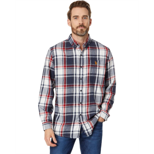 U.S. POLO ASSN. Long Sleeve Classic Fit 1 Pocket Yarn Dye Peached Twill Heathered Plaid Woven Shirt