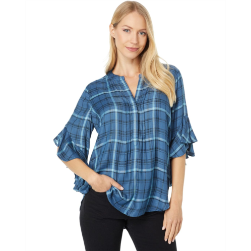 Vince Camuto Flutter Sleeve Pin Tuck Front Plaid Henley