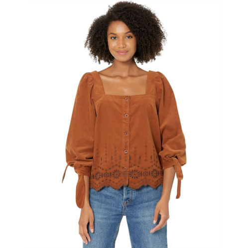 Madewell Embroidered Eyelet Corduroy Tie-Sleeve Top