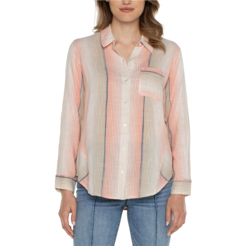 Womens Liverpool Los Angeles Button Front Shirt with 3/4 Sleeve Ombre Woven Stripe