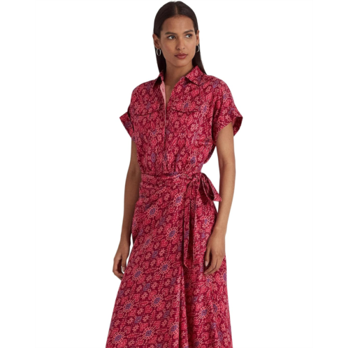 POLO RALPH LAUREN Womens Lauren Ralph Lauren Petite Geo-Print Shantung Tie-Waist Dress