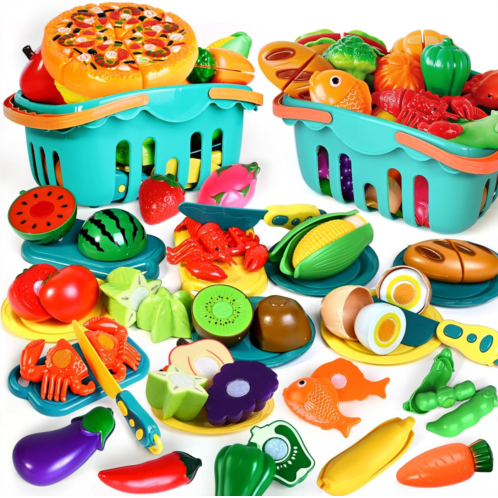 BAODLON 100 Pcs Play Food Set for Kids Kitchen, Pretend Food Toy for Toddlers Age 1-3, Plastics Cutting Fake Food/ Fruit/ Vegetable Accessories with 2 Baskets, Birthday Gifts for 2 3 4 5 Y