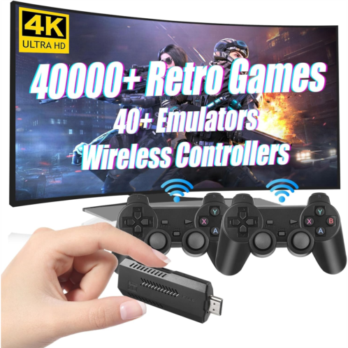 AceFox Wireless Retro Game Console, 128G Game Console with Built-in 40,000 Games, 40+ Emulators, Dual Wireless Controllers, Plug & Play Video Game Consoles, 4K HDMI Nostalgia Stick Game f