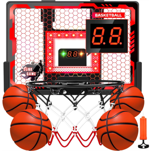 BADGOAL Indoor Basketball Hoop Toy for Kids - Pro Basketball Hoop Over The Door with LED Lights, Hoop with Scoreboard&4 Balls Anti-Impact Backboard, Basketball Toys Gifts for 6 7 8 9 10 11