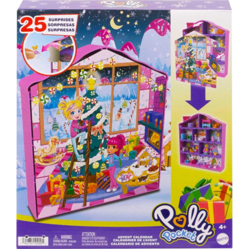 Polly Pocket Advent Calendar with 2 Dolls, Dollhouse Frame, Furniture & Accessories, 25 Surprises, Holiday Theme