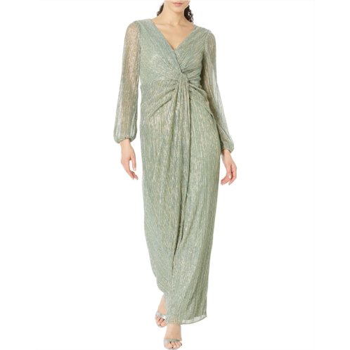 Womens Adrianna Papell Long Sleeve Crinkle Metallic Gown with Draped Waist Detail