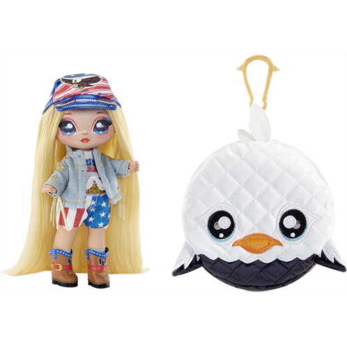 Na! Na! Na! Surprise Glam Series 2 Erika Featherton - Patriotic Eagle-Inspired 7.5 Fashion Doll with Blonde Hair and Metallic Clip-on Eagle Purse, 2-in-1 Gift, Toy for Kids Ages 5