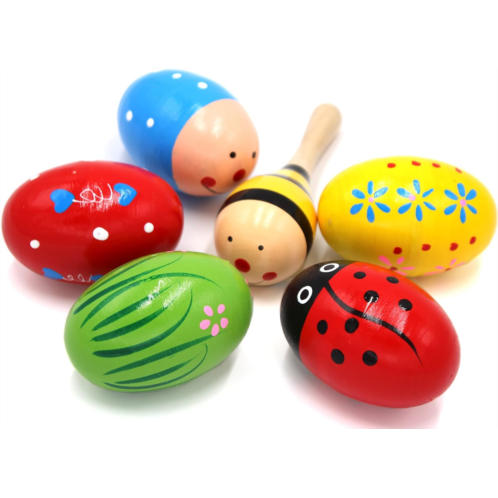 SPADORIVE Set of 6-5PCS Adorable Wooden Egg Maracas Musical Colorful Percussion Easter Egg Shakers(Assorted Color) & 1 PCS Mini Wooden Ball Musical Instruments Maracas(Random Color)