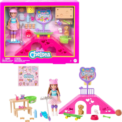Barbie Chelsea Doll & Skate Park Playset with 2 Puppies, Skate Ramp, Scooter & 15+ Accessories, Brunette Small Doll with Blue Eyes