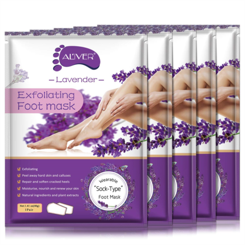 ALIVER Foot Peel Mask - 5 Pack Foot Mask for Dry Dead Skin, Callus, Repair Rough Heels - Make Your Feet Baby Soft Get Smooth Silky Skin - Lavender
