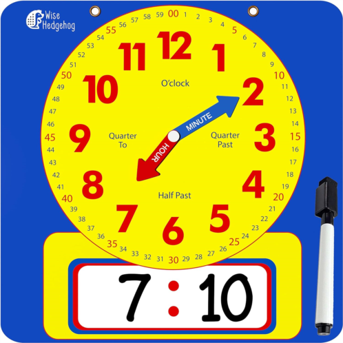 WISE HEDGEHOG Large Dry Erase Magnetic Teaching Demonstration Clock, Kids Telling Time Learning Clock for Analog and Digital Time, Labelled Minute & Hour Hands, for School Classrooms & Homeschoo